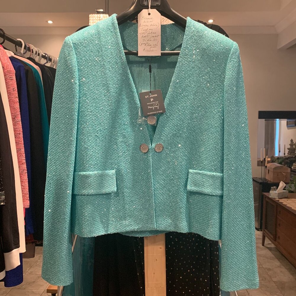 St. John Knit Size 10 Mint Blue Bling Jacket
